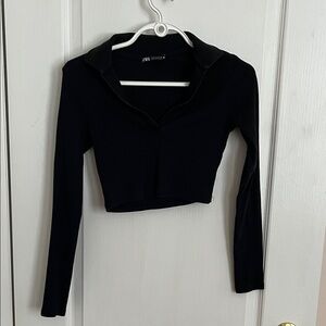 Zara Black Polo Cropped Long Sleeve. Size M